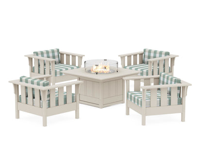 Martha Stewart by POLYWOOD® Acadia 5-Piece Deep Seating Set with Fire Pit Table in Sand / Buffalo Plaid Glacier Spa