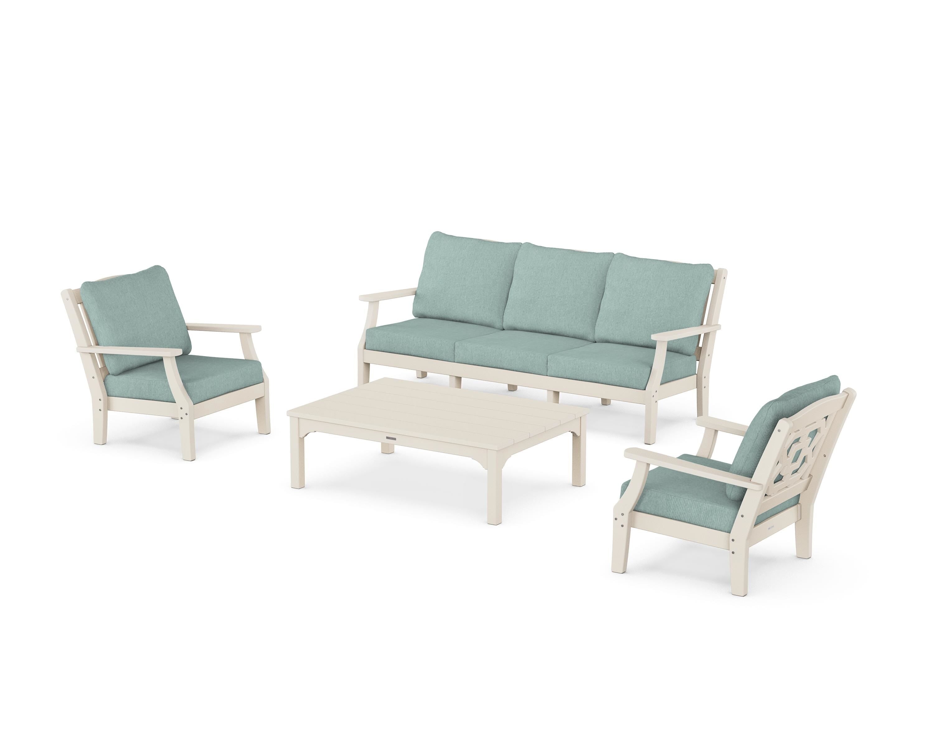 Martha Stewart by POLYWOOD® Chinoiserie 4-Piece Deep Seating Set with Sofa in Sand / Glacier Spa