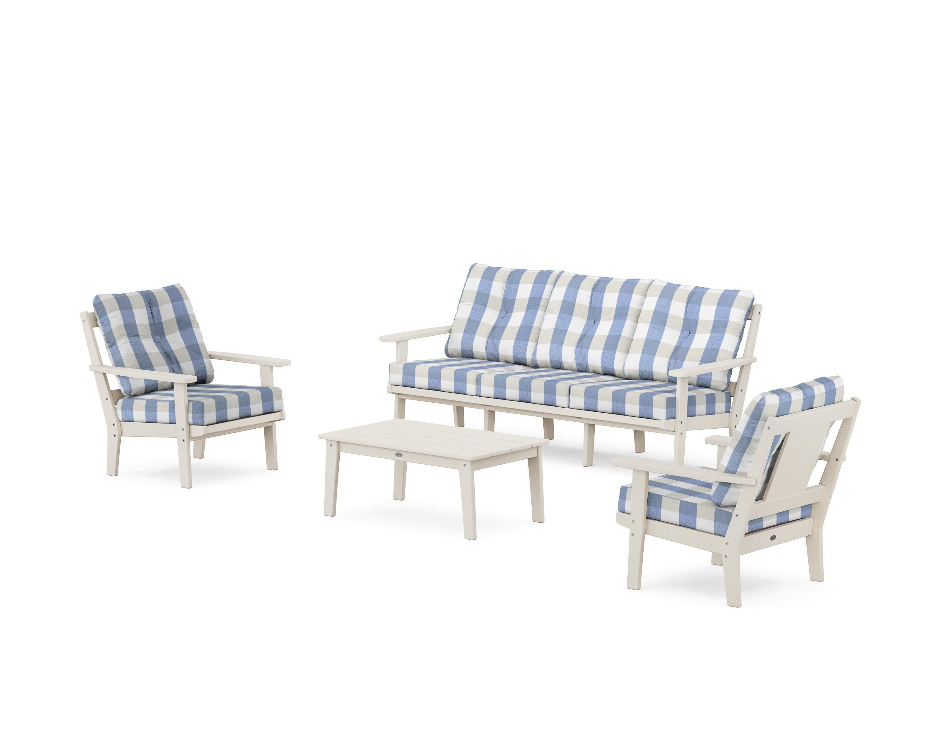 POLYWOOD® Prairie 4-Piece Deep Seating Set with Sofa in Sand / Buffalo Plaid Sky Blue