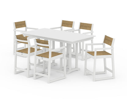 POLYWOOD® EDGE Sling Arm Chair 7-Piece Farmhouse Counter Set in White / Burlap Sling