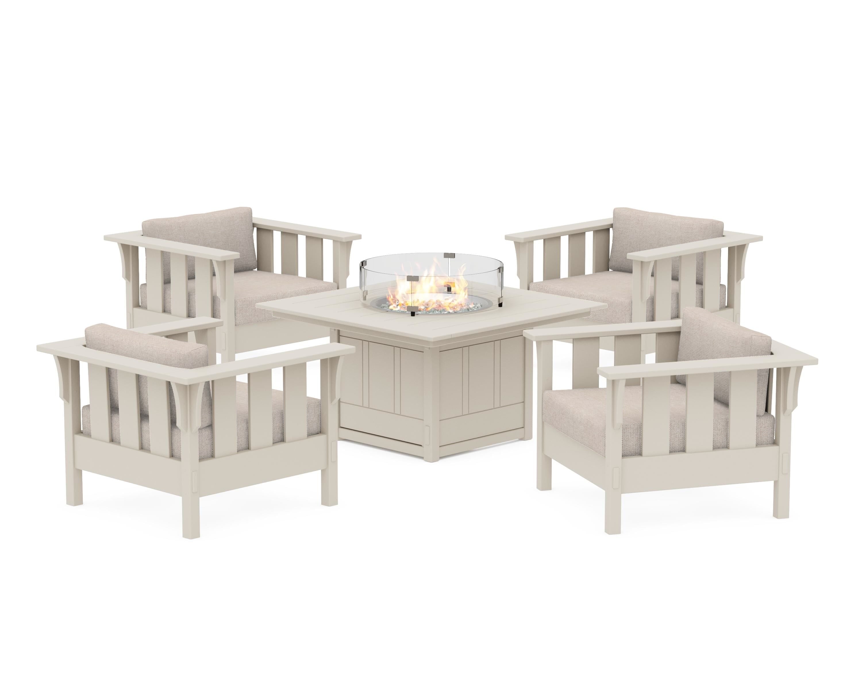 Martha Stewart by POLYWOOD® Acadia 5-Piece Deep Seating Set with Fire Pit Table in Sand / Blend Linen
