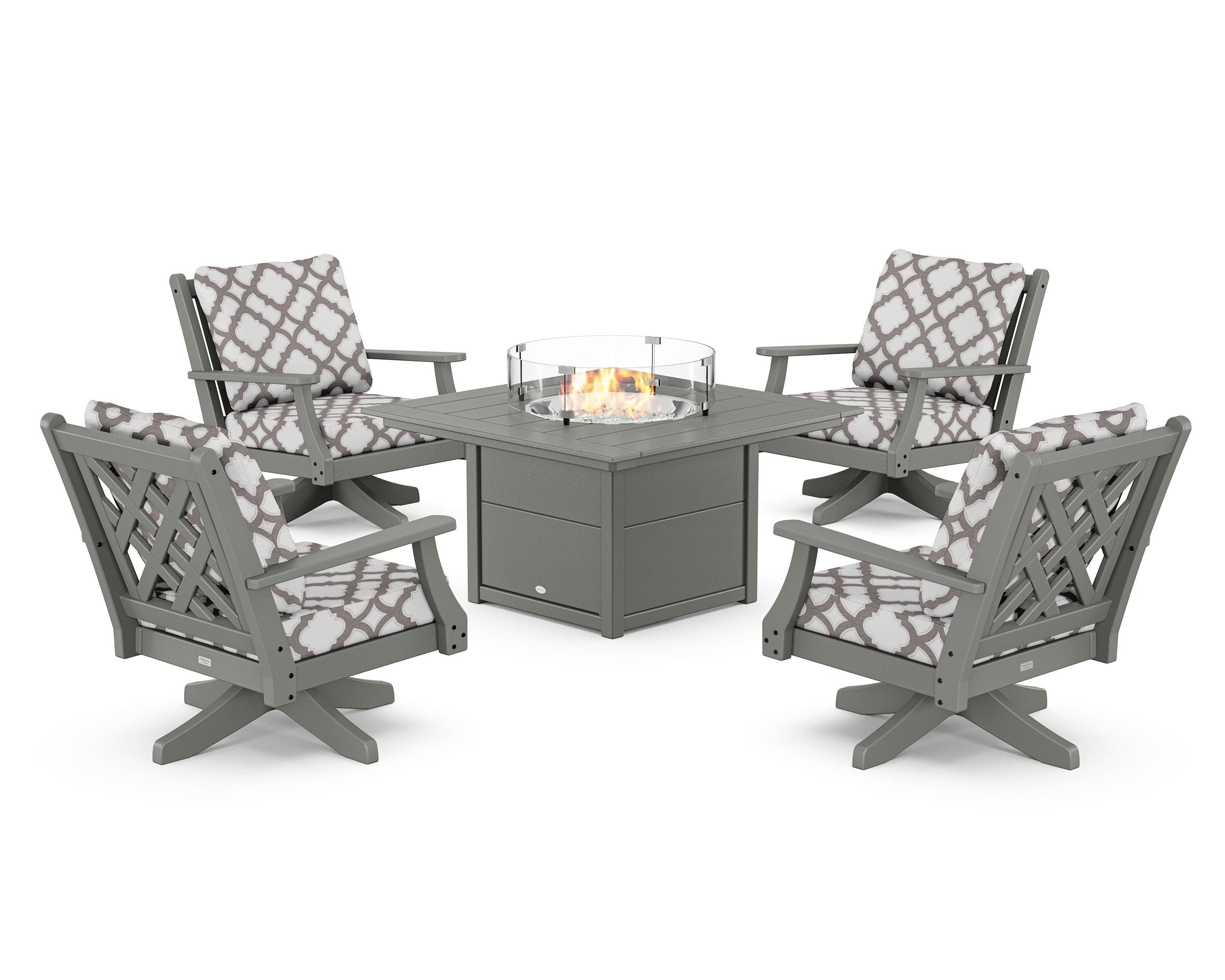 Country Living Wovendale 5-Piece Deep Seating Swivel Conversation Set with Fire Pit Table in Slate Grey / Trellis Grey Mist