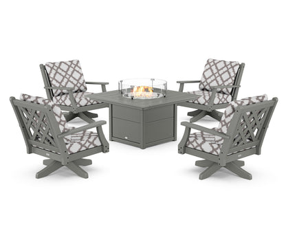 Country Living Wovendale 5-Piece Deep Seating Swivel Conversation Set with Fire Pit Table in Slate Grey / Trellis Grey Mist