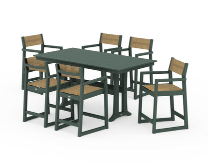 POLYWOOD® EDGE Sling Arm Chair 7-Piece Farmhouse Counter Set with Trestle Legs in Green / Burlap Sling