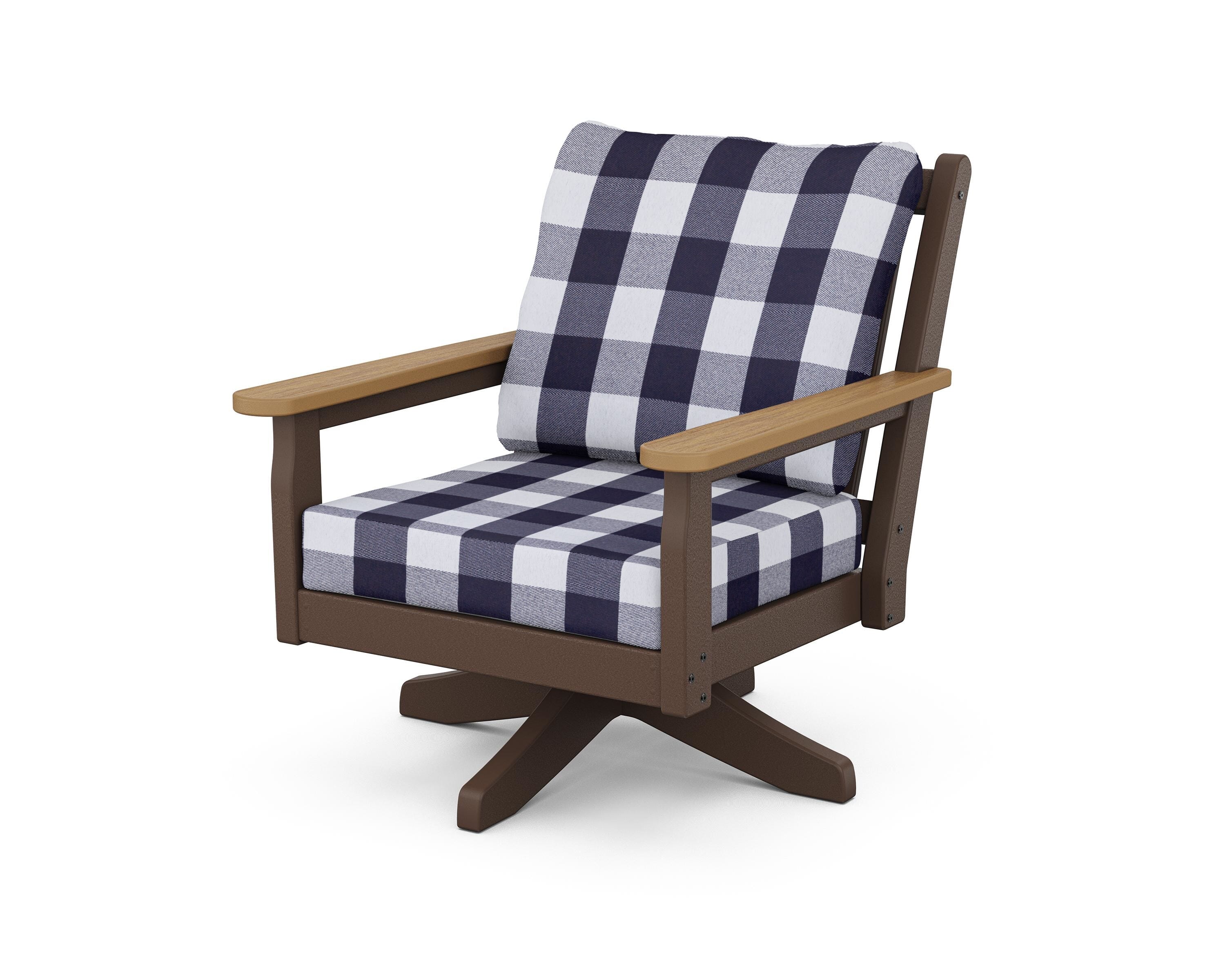 POLYWOOD® Chippendale Deep Seating Swivel Chair in Mahogany / Natural / Buffalo Plaid Navy