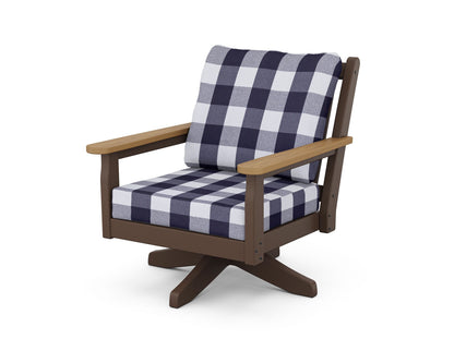 POLYWOOD® Chippendale Deep Seating Swivel Chair in Mahogany / Natural / Buffalo Plaid Navy