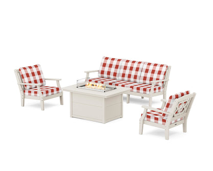 Martha Stewart by POLYWOOD® Chinoiserie Deep Seating Fire Pit Table Set in Sand / Buffalo Plaid Crimson