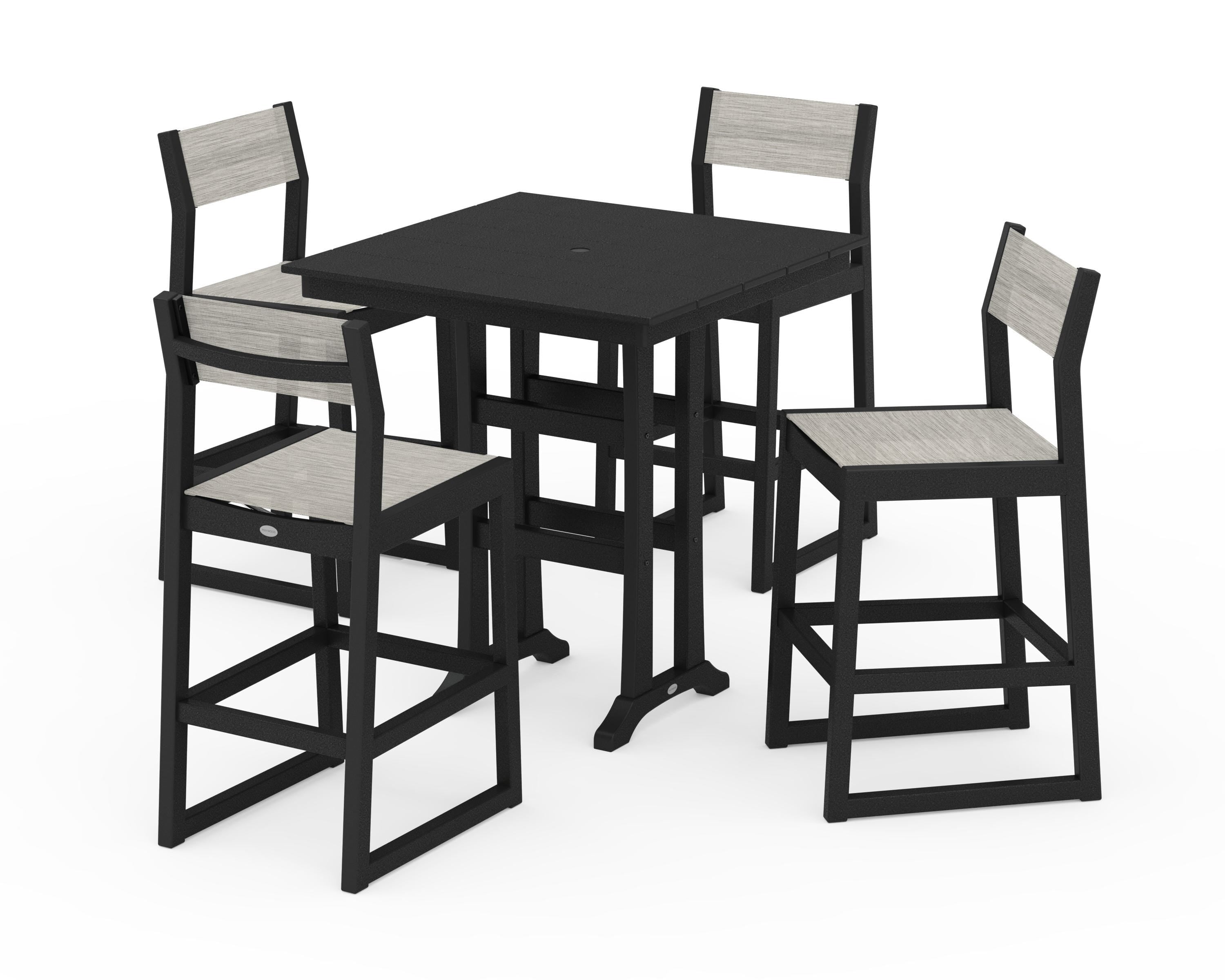 POLYWOOD® EDGE Sling Arm Chair 5-Piece Farmhouse Bar Set with Trestle Legs in Black / Birch Sling