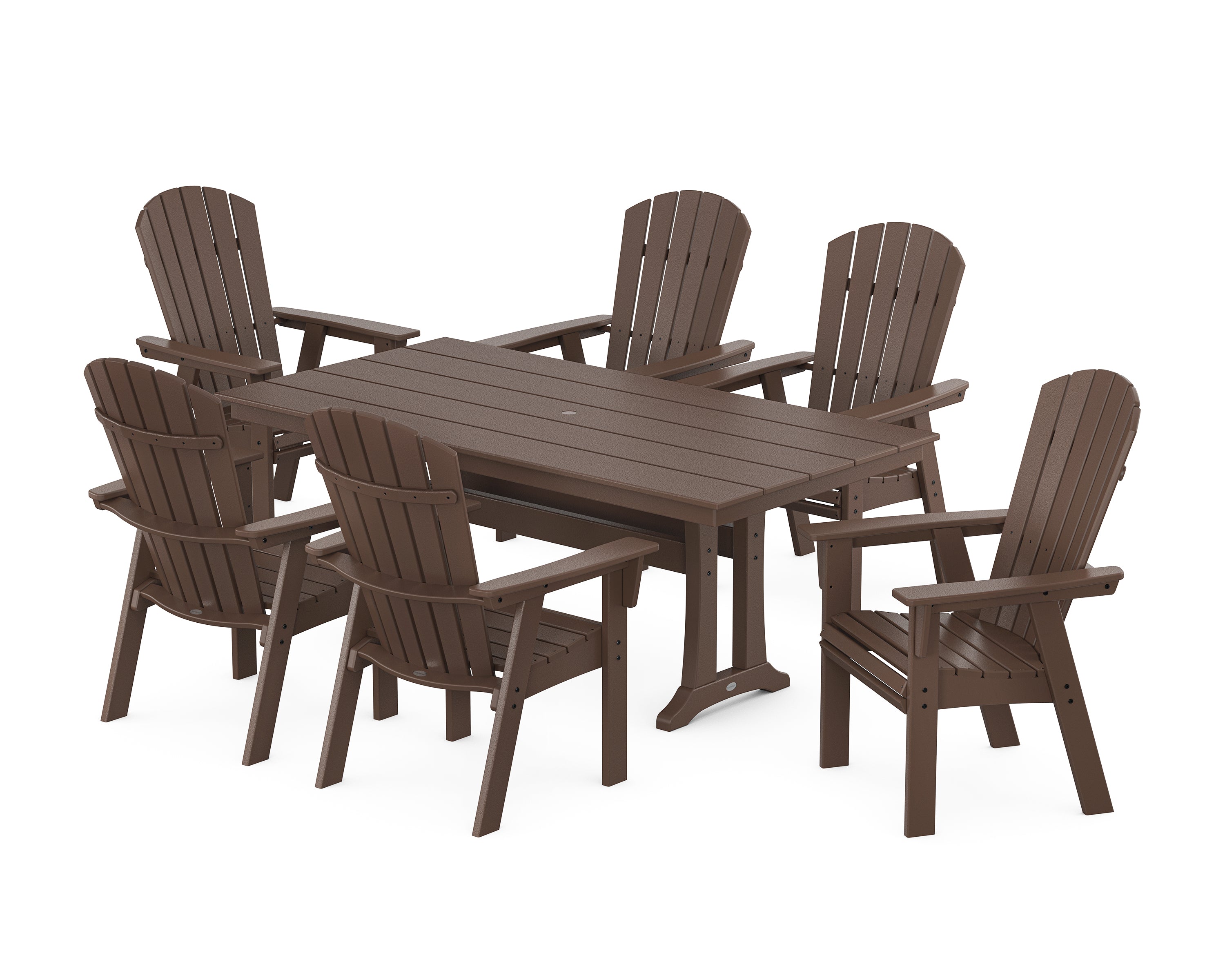 POLYWOOD® Nautical Curveback Adirondack 7-Piece Farmhouse Dining Set with Trestle Legs in Mahogany