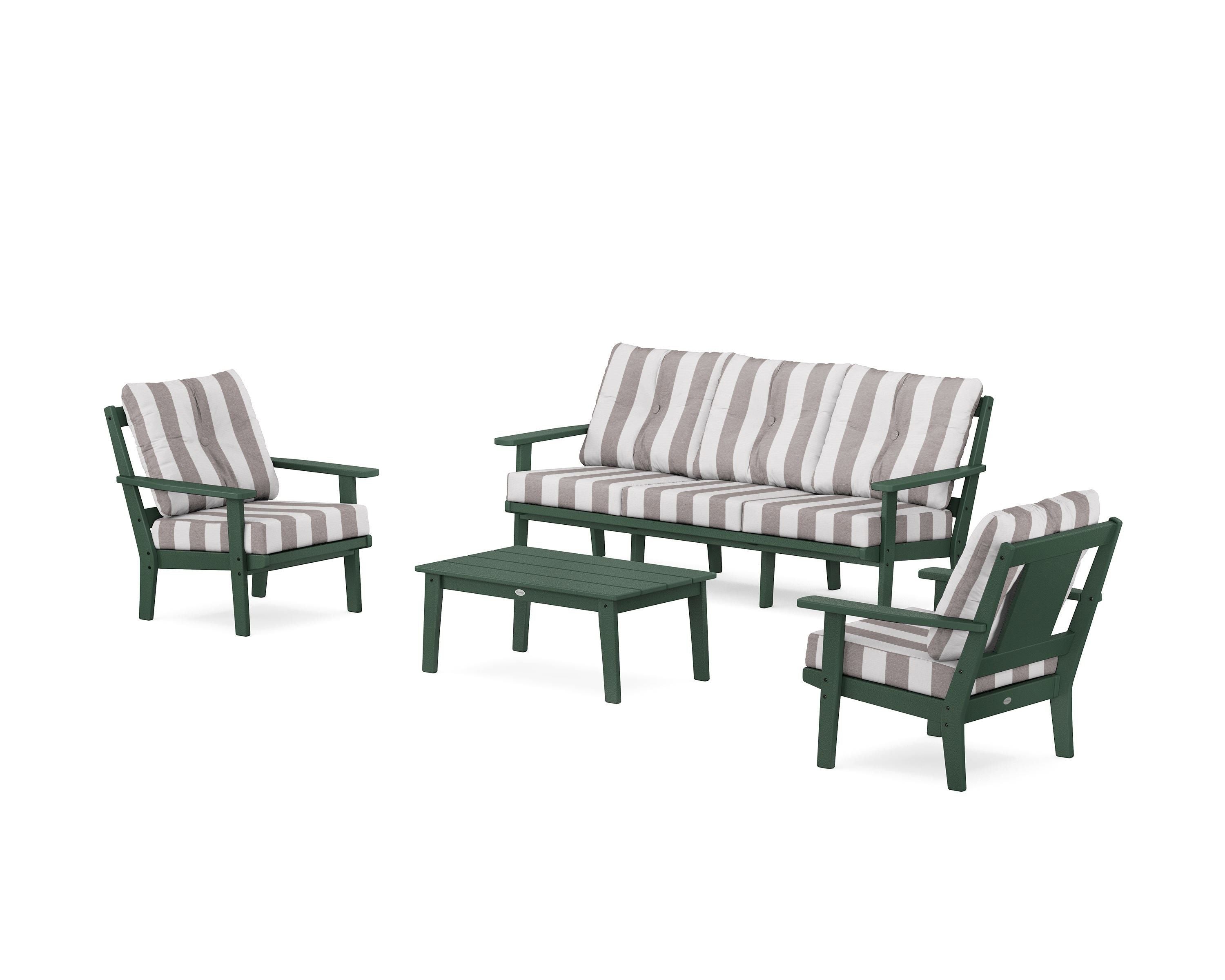 POLYWOOD® Prairie 4-Piece Deep Seating Set with Sofa in Green / Cabana Stripe Grey Mist