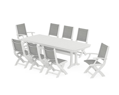 POLYWOOD® Coastal Folding 9-Piece Dining Set with Trestle Legs in White / Metallic Sling