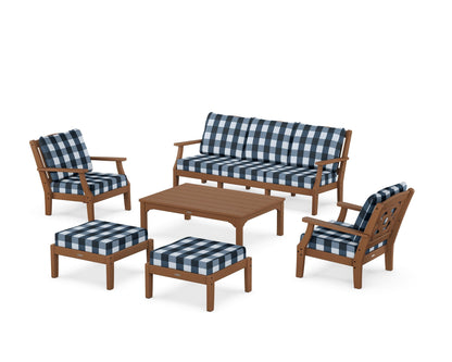 Martha Stewart by POLYWOOD® Chinoiserie 6-Piece Lounge Sofa Set in Teak / Buffalo Plaid Marine Indigo