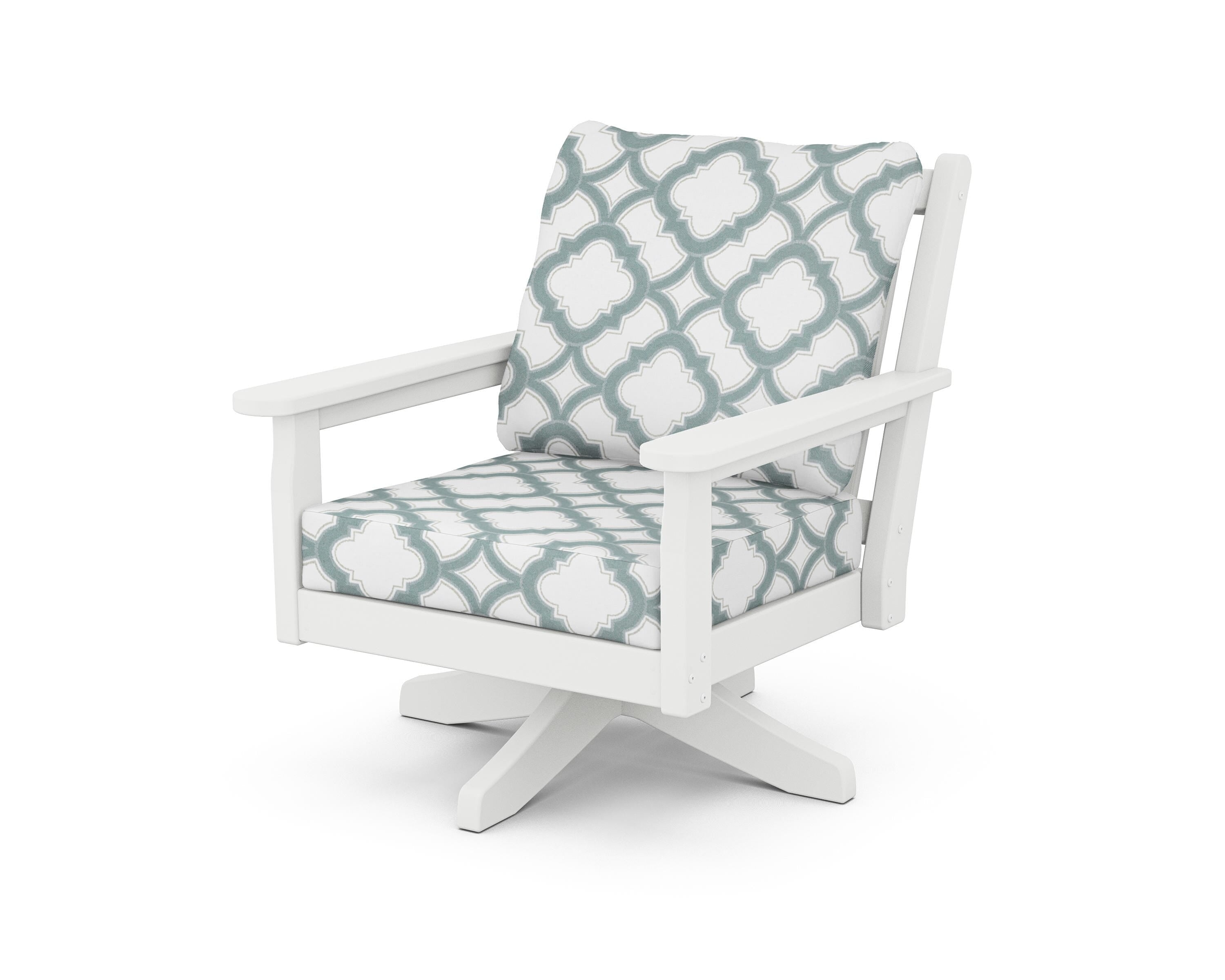 POLYWOOD® Chippendale Deep Seating Swivel Chair in White / Trellis Glacier Spa