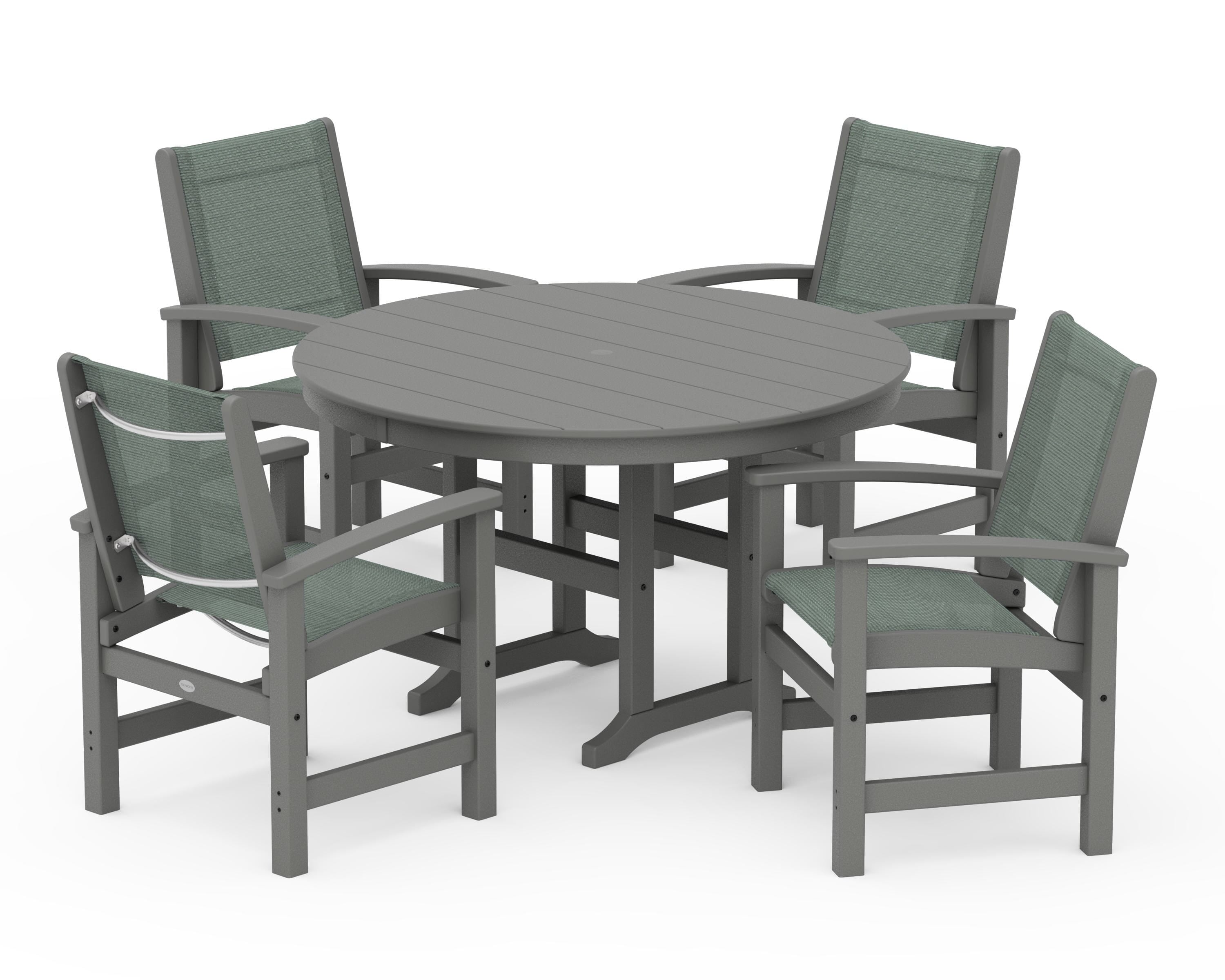POLYWOOD® Coastal 5-Piece Round Farmhouse Dining Set in Slate Grey / Dupioni Sea Mist Sling