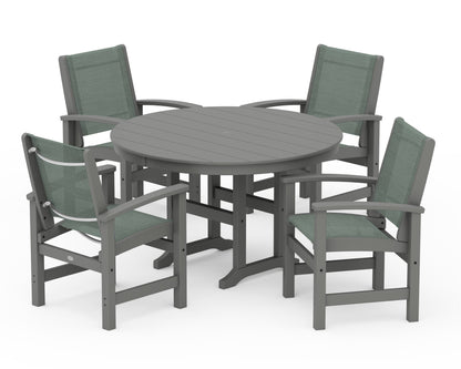 POLYWOOD® Coastal 5-Piece Round Farmhouse Dining Set in Slate Grey / Dupioni Sea Mist Sling