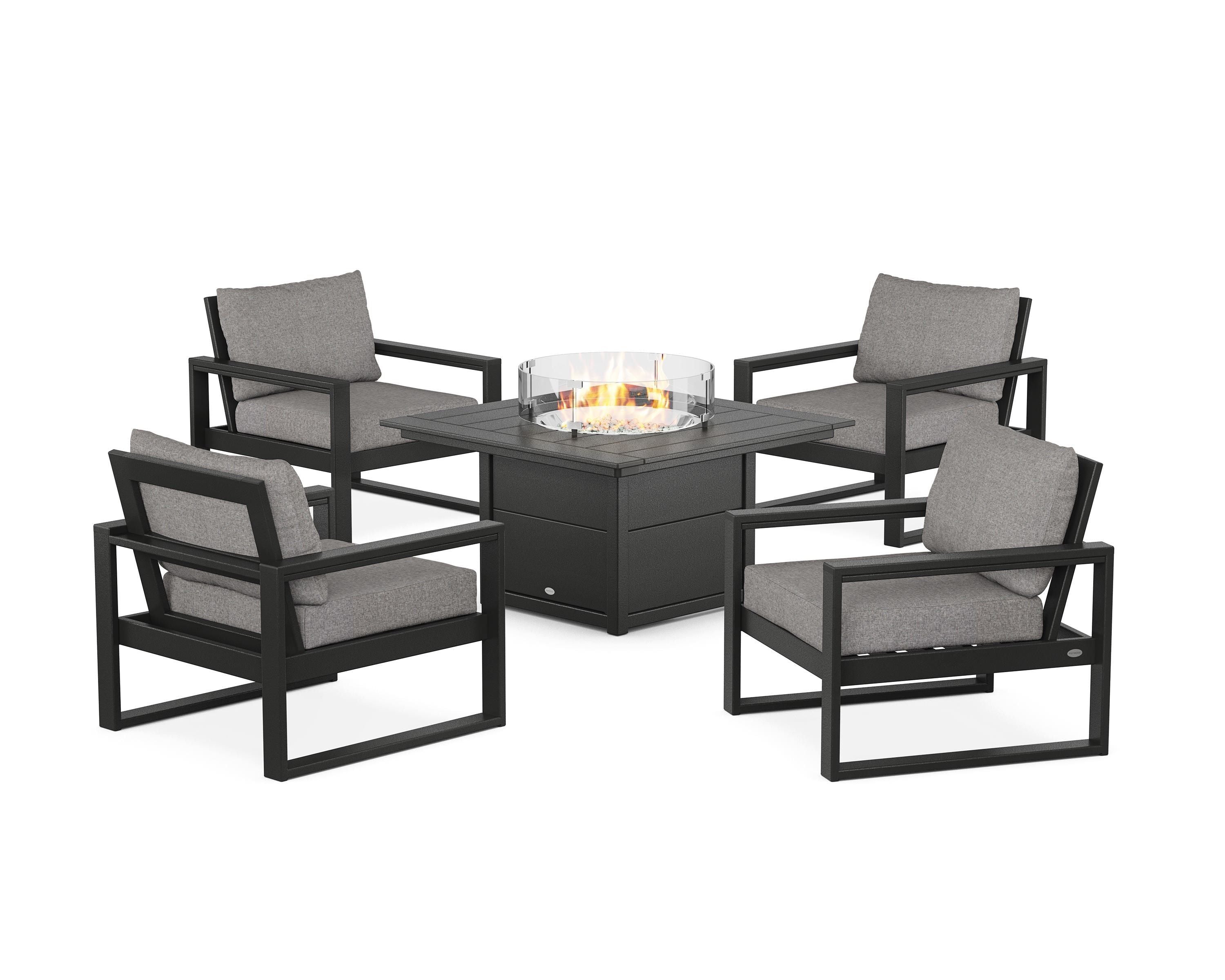POLYWOOD® EDGE Sectional 5-Piece Deep Seating Set with Fire Pit Table in Black / Grey Mist