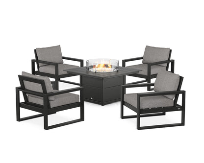 POLYWOOD® EDGE Sectional 5-Piece Deep Seating Set with Fire Pit Table in Black / Grey Mist