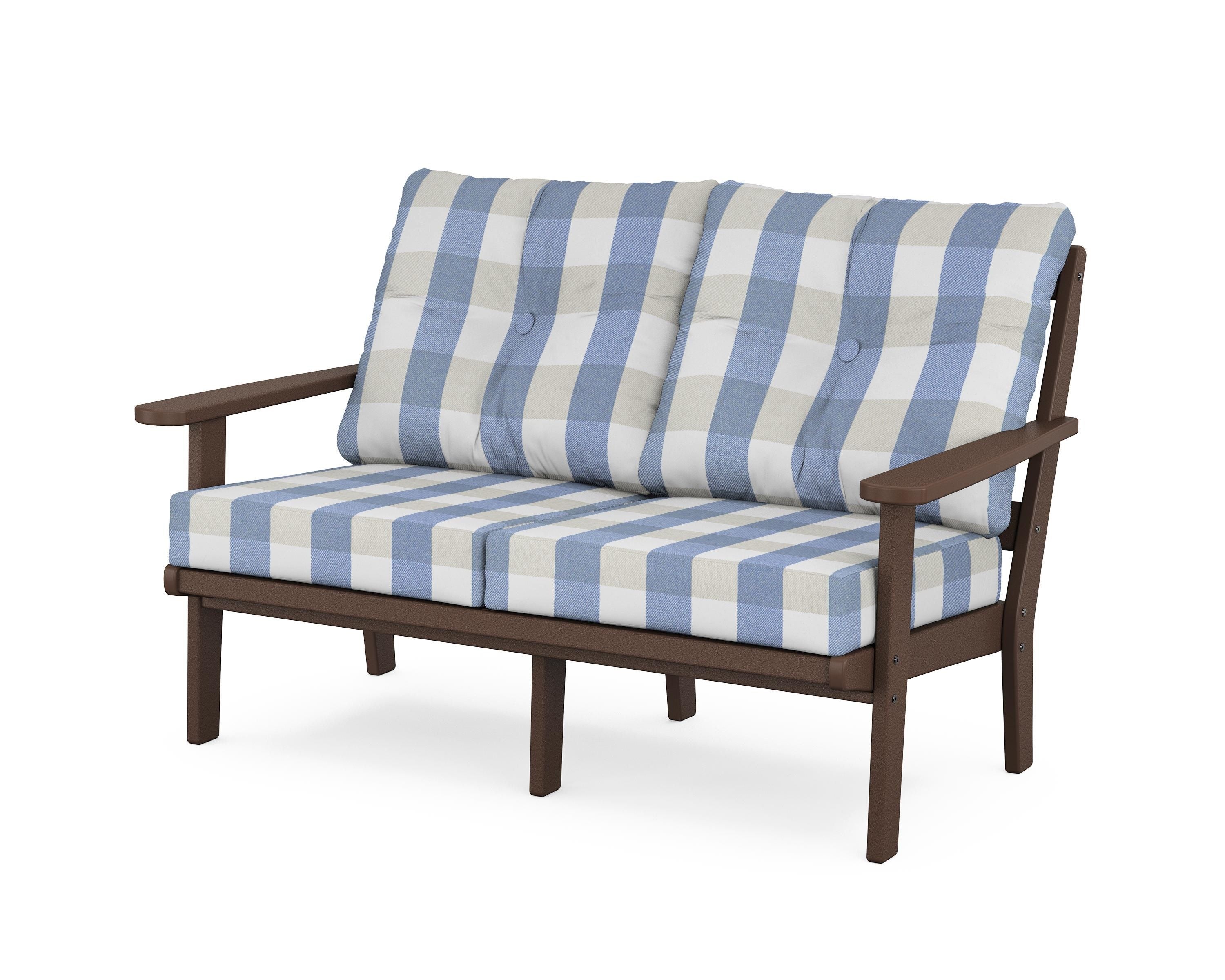POLYWOOD® Mission Deep Seating Loveseat in Mahogany / Buffalo Plaid Sky Blue