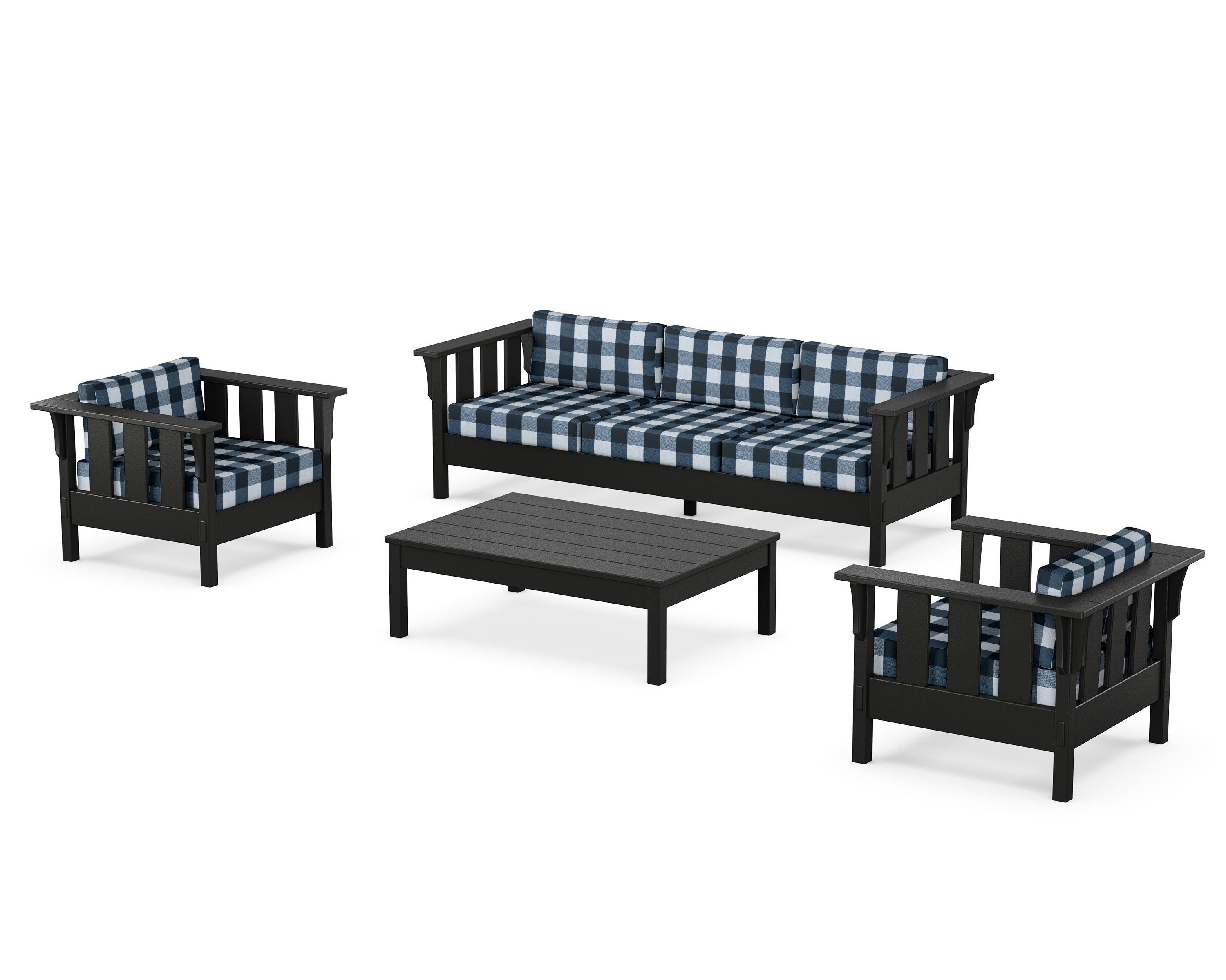Martha Stewart by POLYWOOD® Acadia 4-Piece Deep Seating Set with Sofa in Black / Buffalo Plaid Marine Indigo