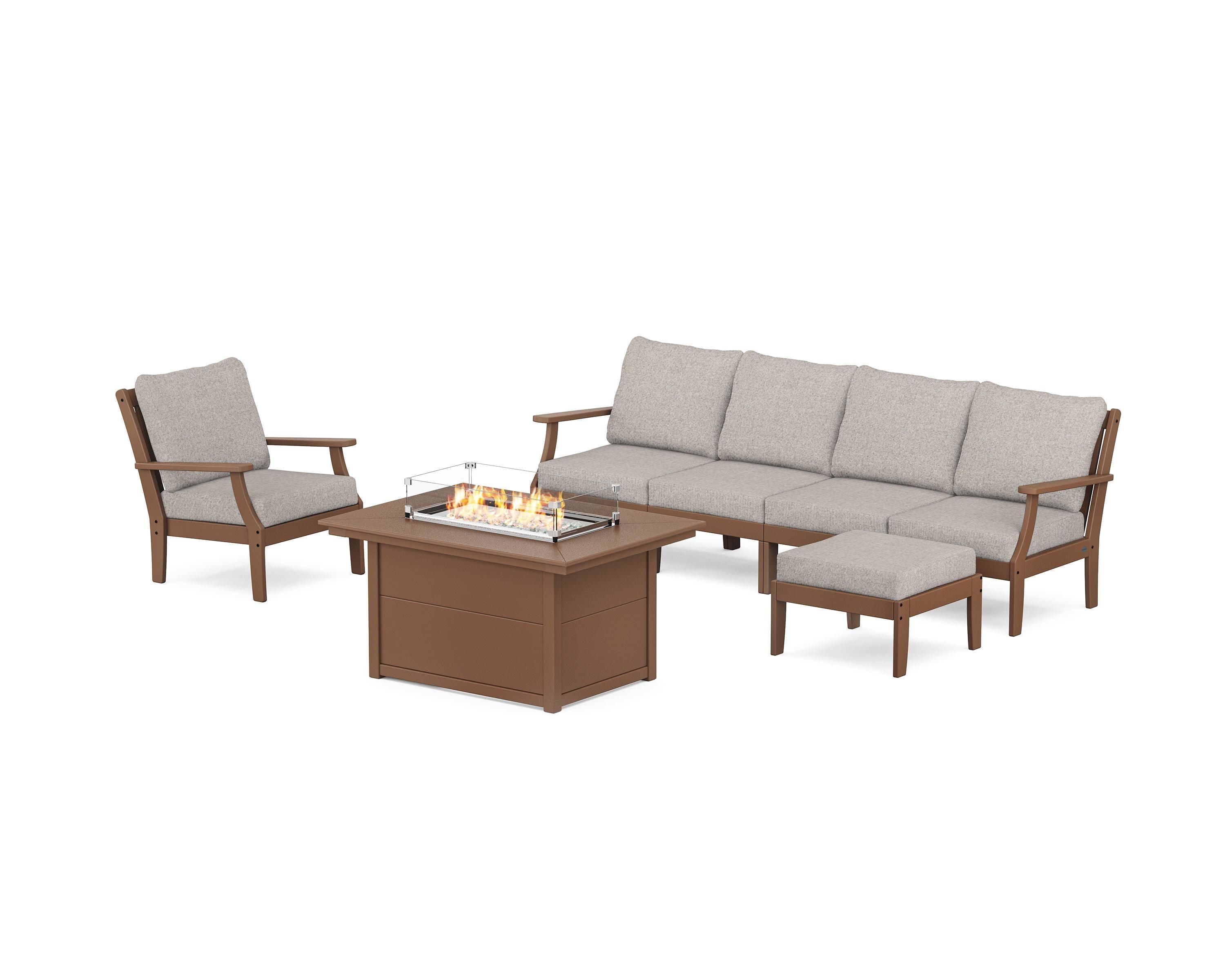 POLYWOOD® Braxton Sectional Lounge and Fire Pit Set in Teak / Weathered Tweed