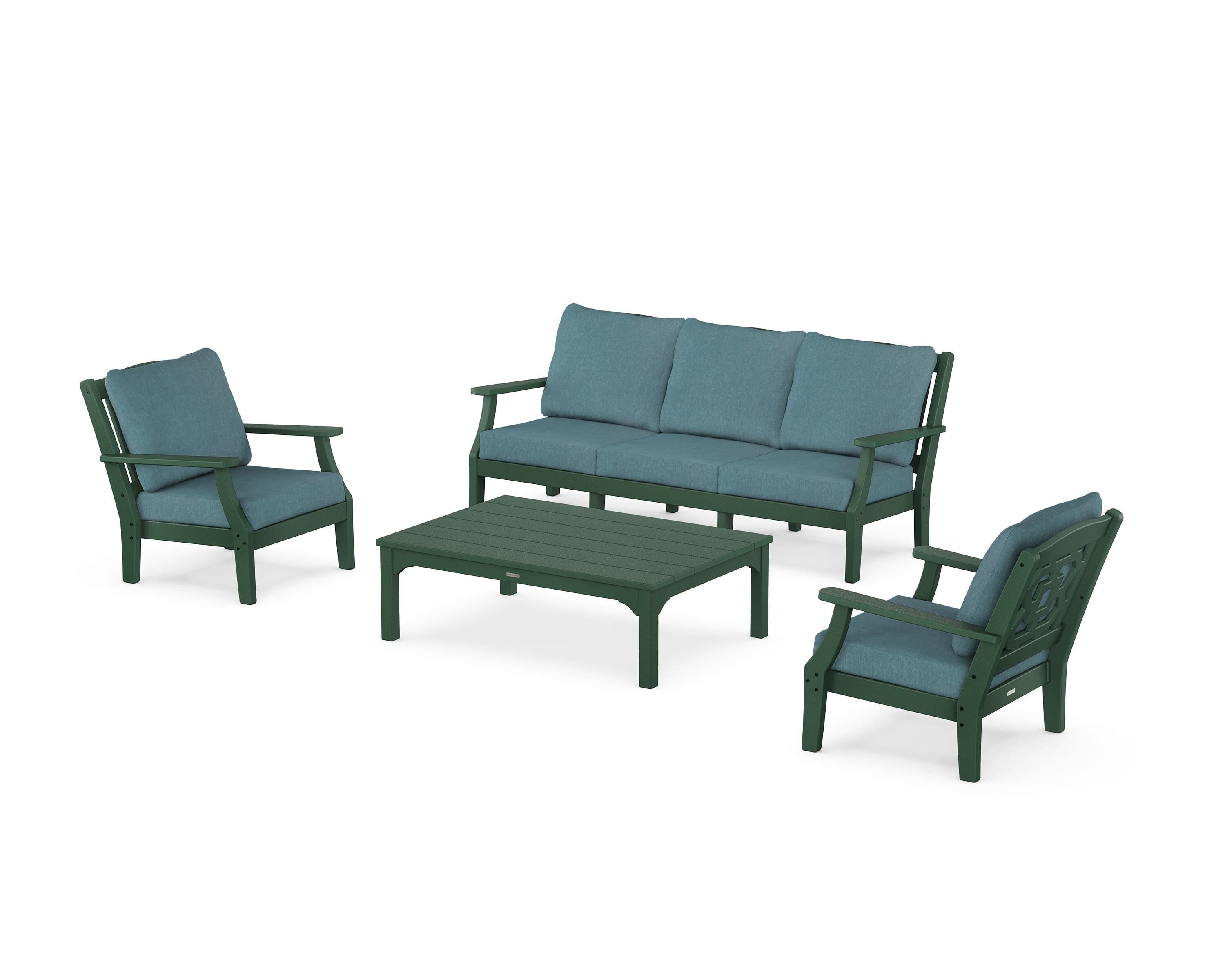 Martha Stewart by POLYWOOD® Chinoiserie 4-Piece Deep Seating Set with Sofa in Green / Ocean Teal