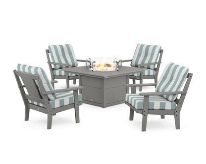 POLYWOOD® Prairie 5-Piece Deep Seating Set with Fire Pit Table in Slate Grey / Cabana Stripe Glacier Spa
