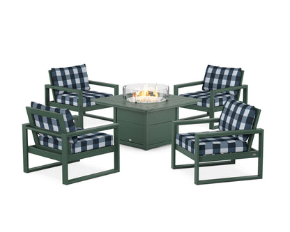 POLYWOOD® EDGE Sectional 5-Piece Deep Seating Set with Fire Pit Table in Green / Buffalo Plaid Marine Indigo