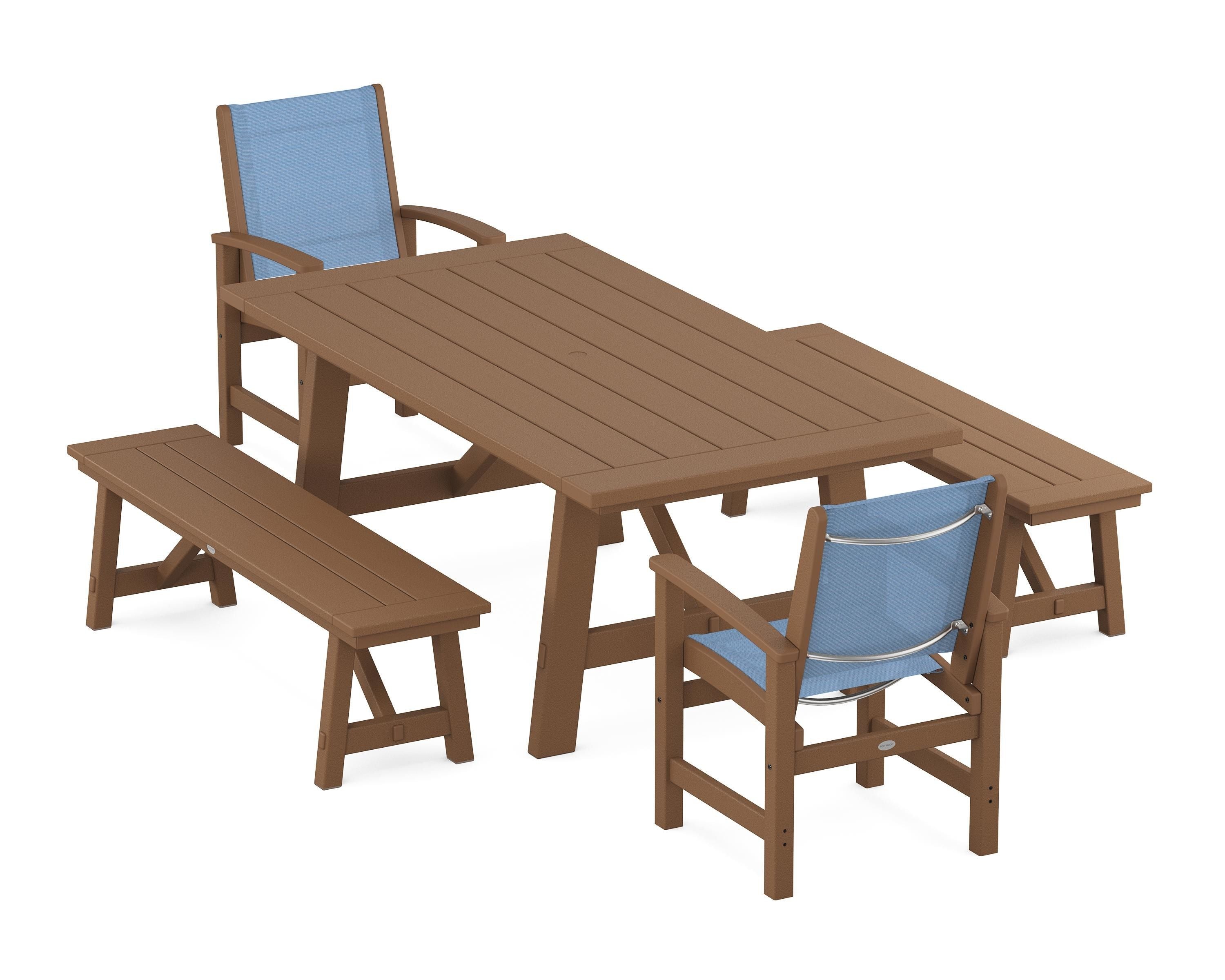 POLYWOOD® Coastal 5-Piece Rustic Farmhouse Dining Set With Benches in Teak / Poolside Sling