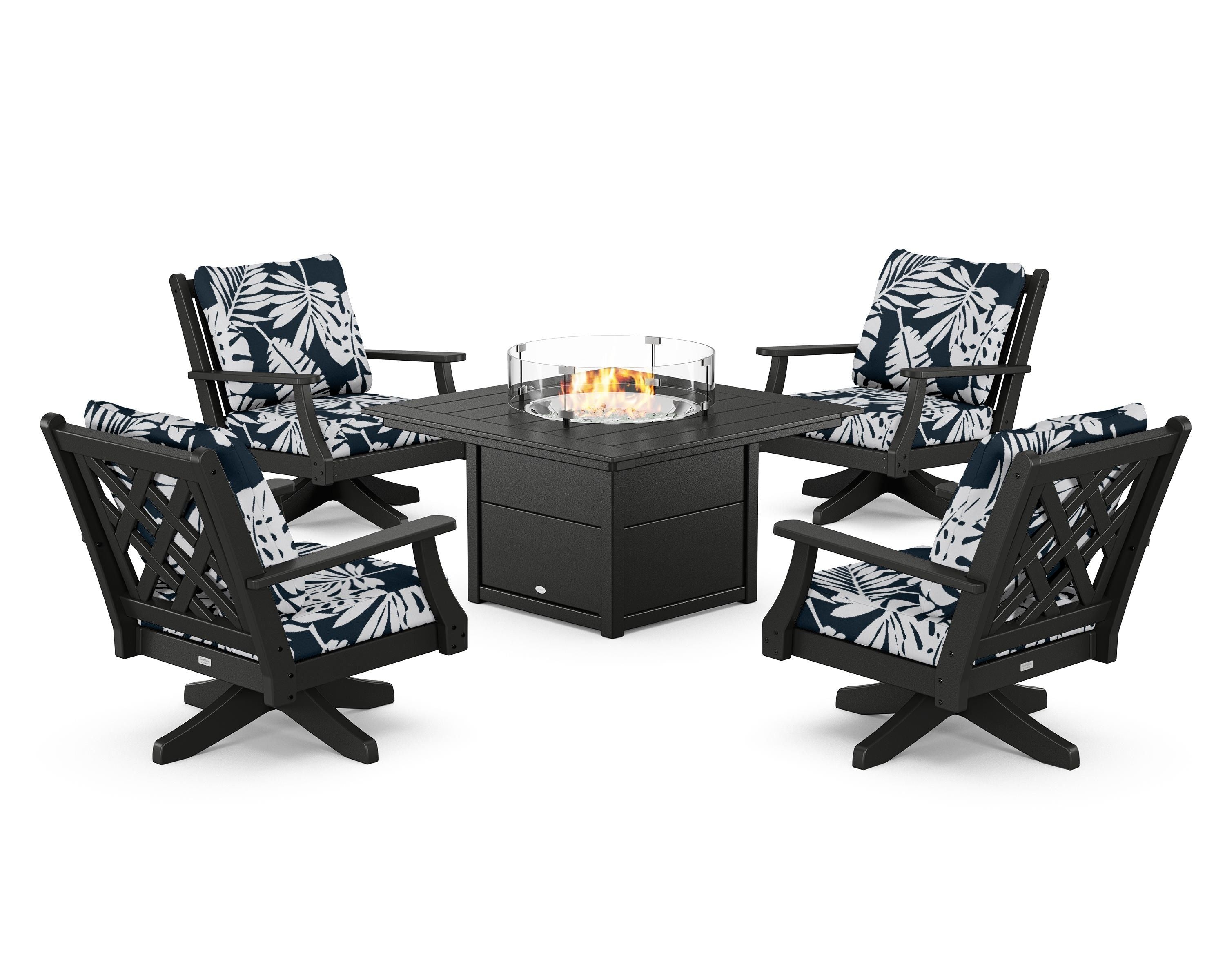Country Living Wovendale 5-Piece Deep Seating Swivel Conversation Set with Fire Pit Table in Black / Leaf Marine Indigo