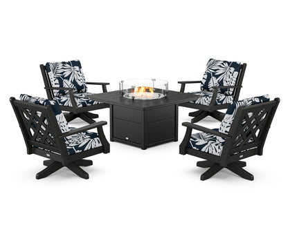 Country Living Wovendale 5-Piece Deep Seating Swivel Conversation Set with Fire Pit Table in Black / Leaf Marine Indigo
