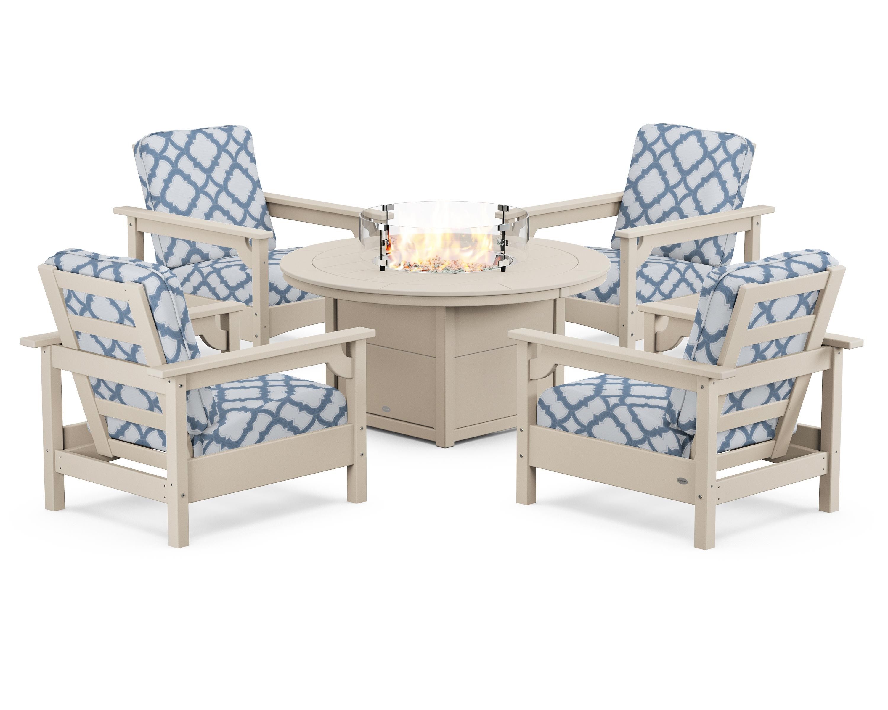 POLYWOOD® Club 5-Piece Conversation Set with Fire Pit Table in Sand / Trellis Sky Blue