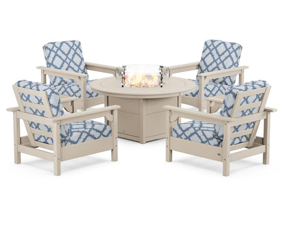 POLYWOOD® Club 5-Piece Conversation Set with Fire Pit Table in Sand / Trellis Sky Blue
