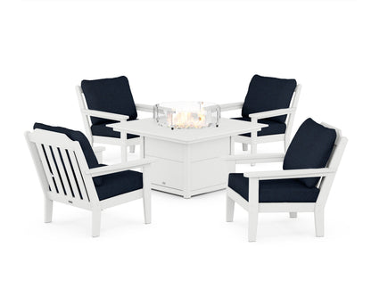 Country Living Cottage 5-Piece Deep Seating Set with Fire Pit Table in White / Marine Indigo
