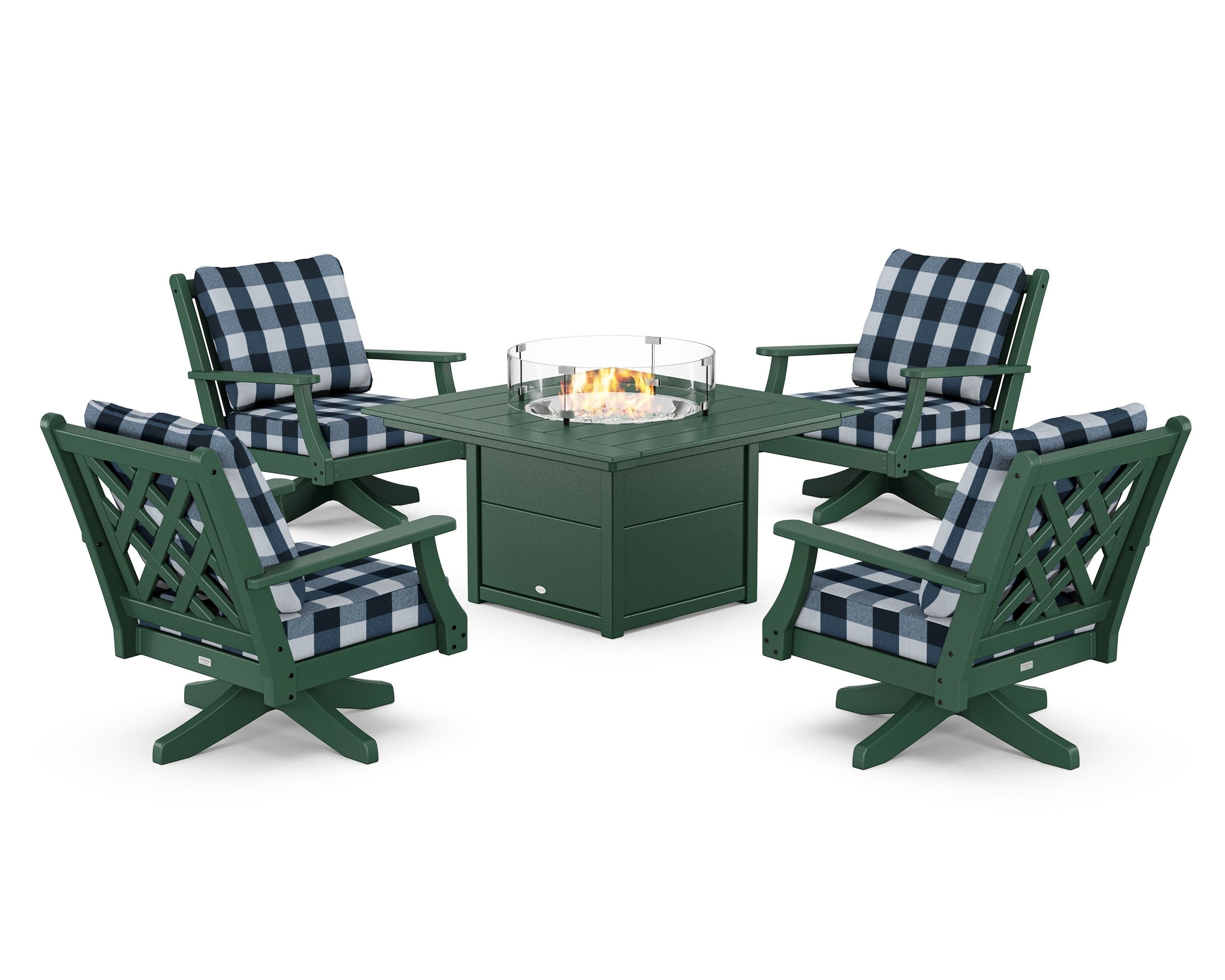 Country Living Wovendale 5-Piece Deep Seating Swivel Conversation Set with Fire Pit Table in Green / Buffalo Plaid Marine Indigo