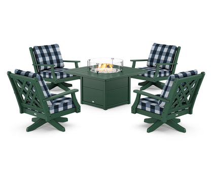 Country Living Wovendale 5-Piece Deep Seating Swivel Conversation Set with Fire Pit Table in Green / Buffalo Plaid Marine Indigo