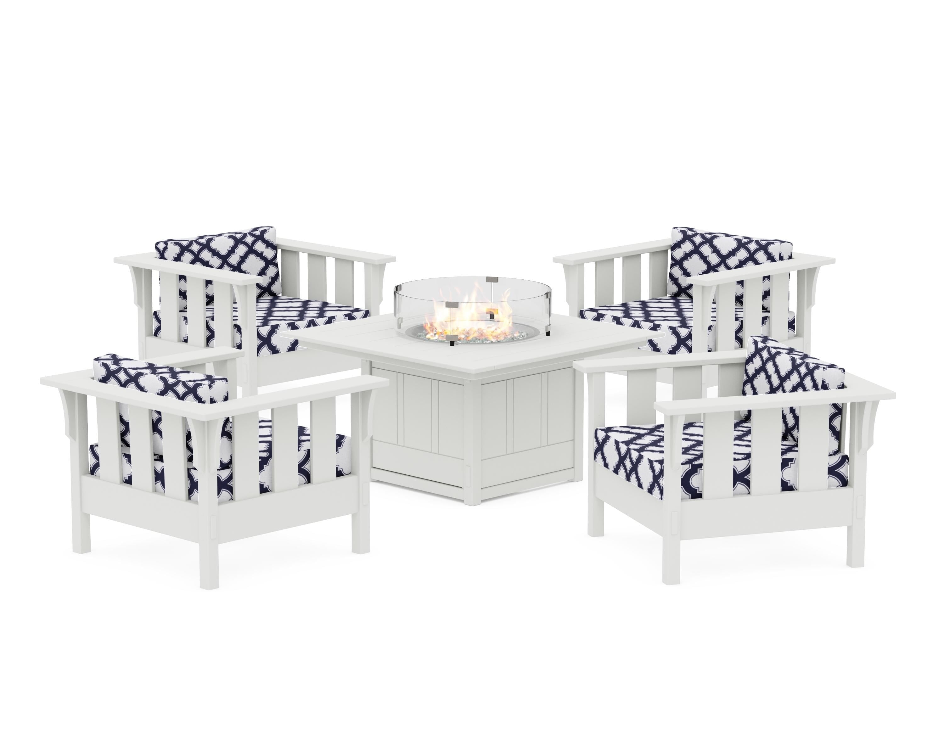 Martha Stewart by POLYWOOD® Acadia 5-Piece Deep Seating Set with Fire Pit Table in White / Trellis Navy