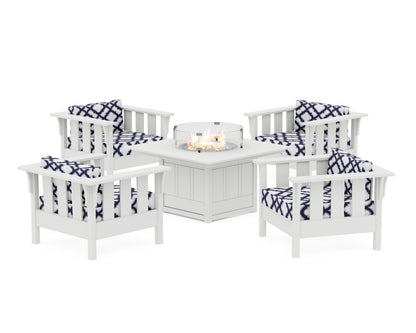 Martha Stewart by POLYWOOD® Acadia 5-Piece Deep Seating Set with Fire Pit Table in White / Trellis Navy