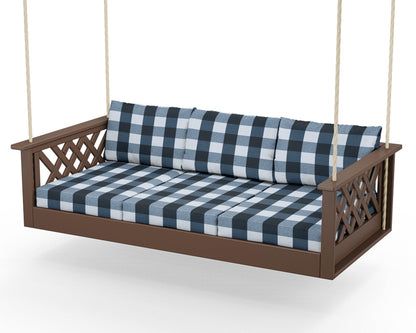 Country Living Wovendale Daybed Swing in Mahogany / Buffalo Plaid Marine Indigo