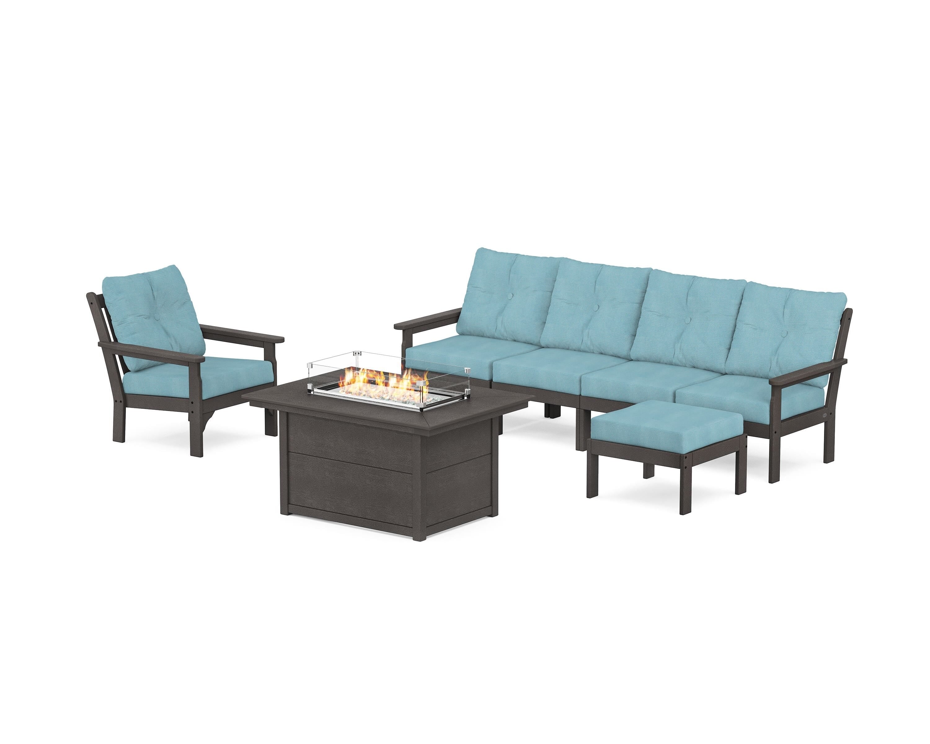 POLYWOOD® Vineyard Sectional Lounge and Fire Pit Set in Vintage Coffee / Lattice Sky Blue
