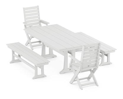 POLYWOOD® Captain Folding Chair 5-Piece Farmhouse Dining Set With Trestle Legs in White