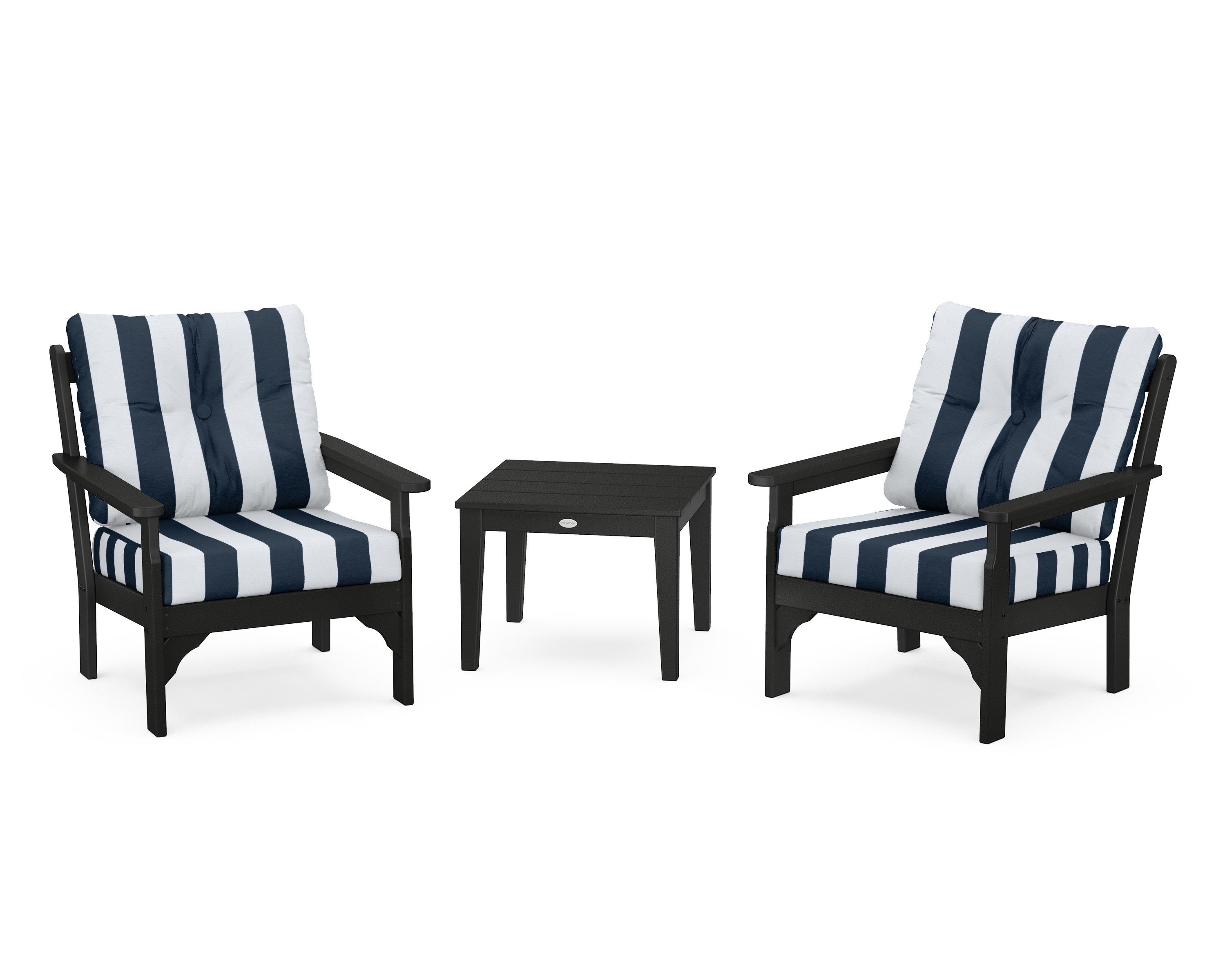 POLYWOOD® Vineyard 3-Piece Deep Seating Set in Black / Cabana Stripe Marine Indigo