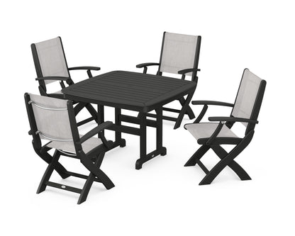 POLYWOOD® Coastal Folding Chair 5-Piece Dining Set in Black / Parchment Sling