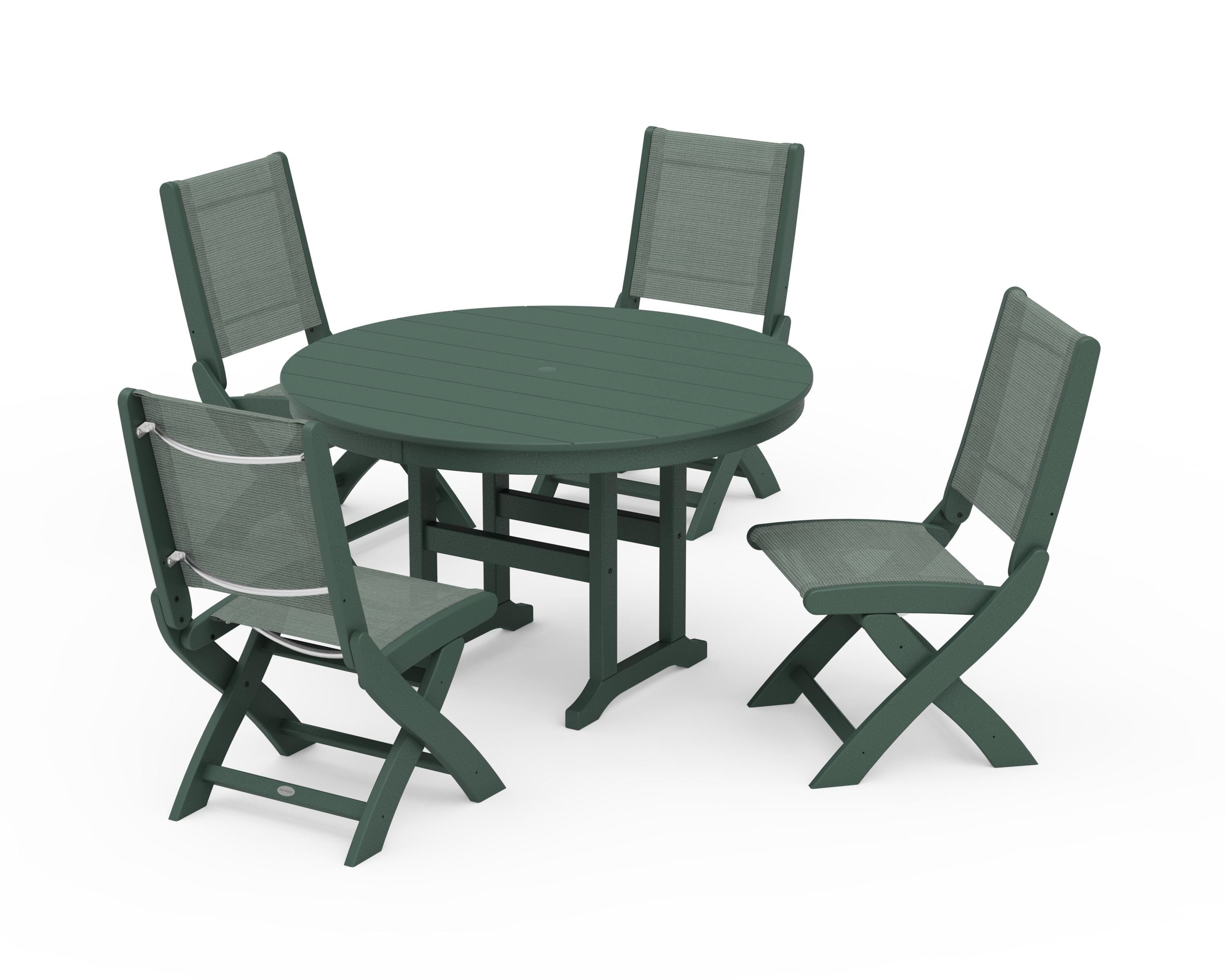 POLYWOOD® Coastal Folding Side Chair 5-Piece Round Dining Set in Green / Dupioni Sea Mist Sling