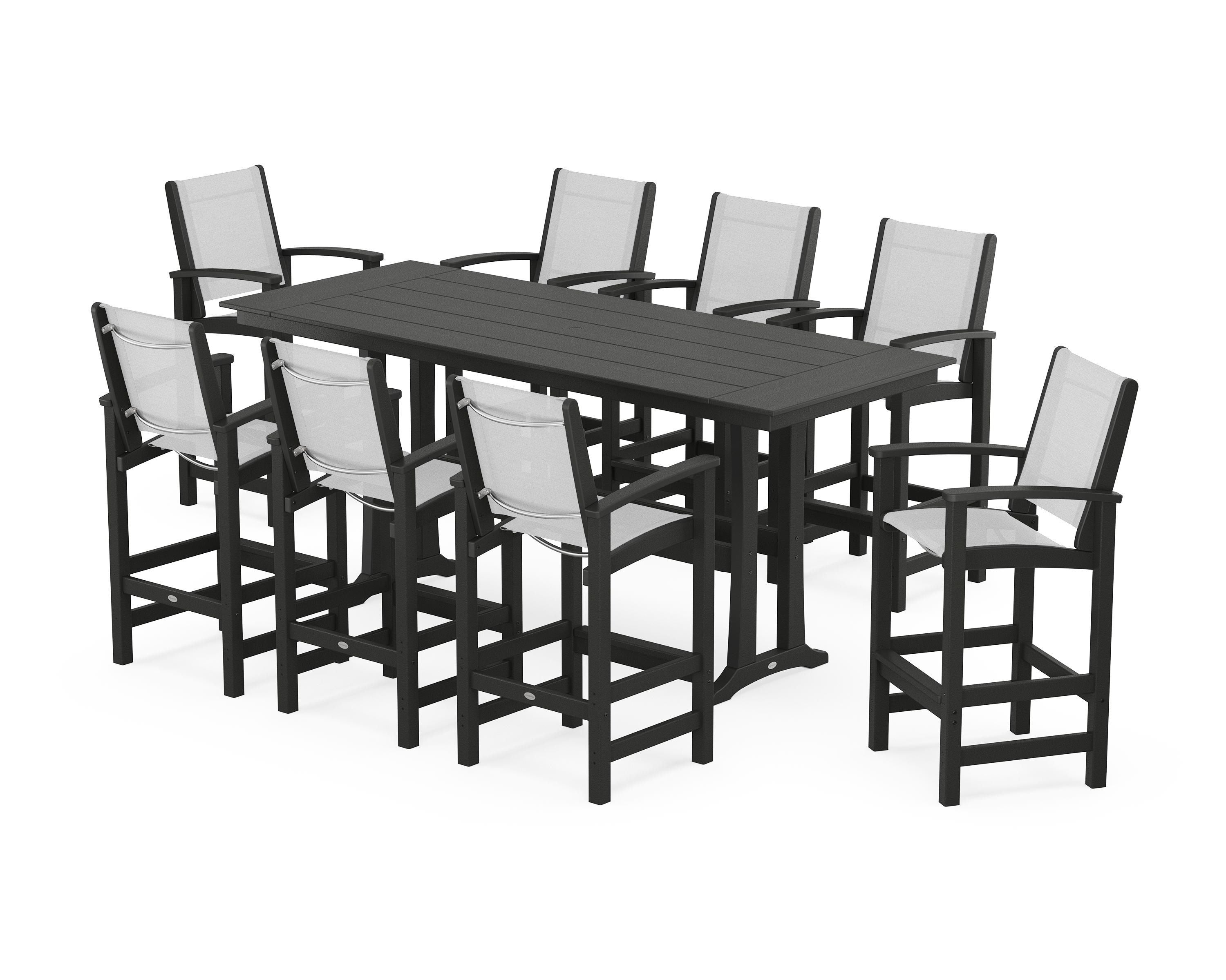 POLYWOOD® Coastal 9-Piece Farmhouse Bar Set with Trestle Legs in Black / White Sling