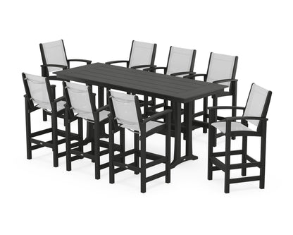 POLYWOOD® Coastal 9-Piece Farmhouse Bar Set with Trestle Legs in Black / White Sling