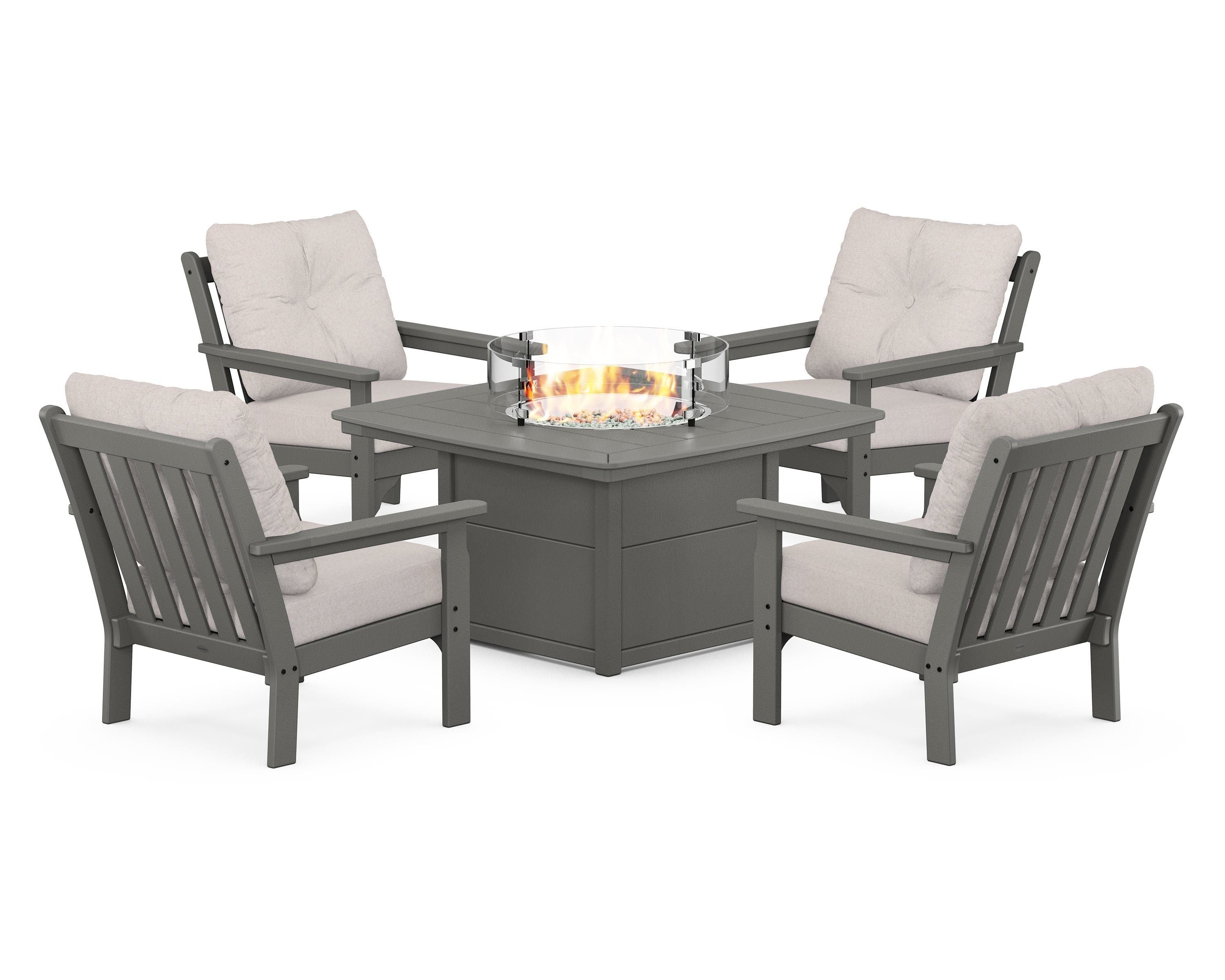 POLYWOOD® Vineyard 5-Piece Conversation Set with Fire Pit Table in Slate Grey / Dune Burlap