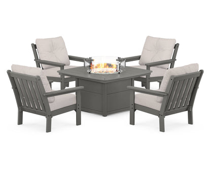 POLYWOOD® Vineyard 5-Piece Conversation Set with Fire Pit Table in Slate Grey / Dune Burlap
