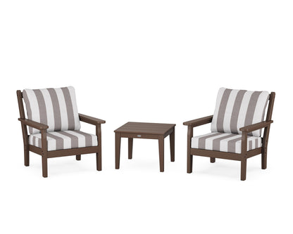 POLYWOOD® Chippendale 3-Piece Deep Seating Set in Mahogany / Cabana Stripe Grey Mist