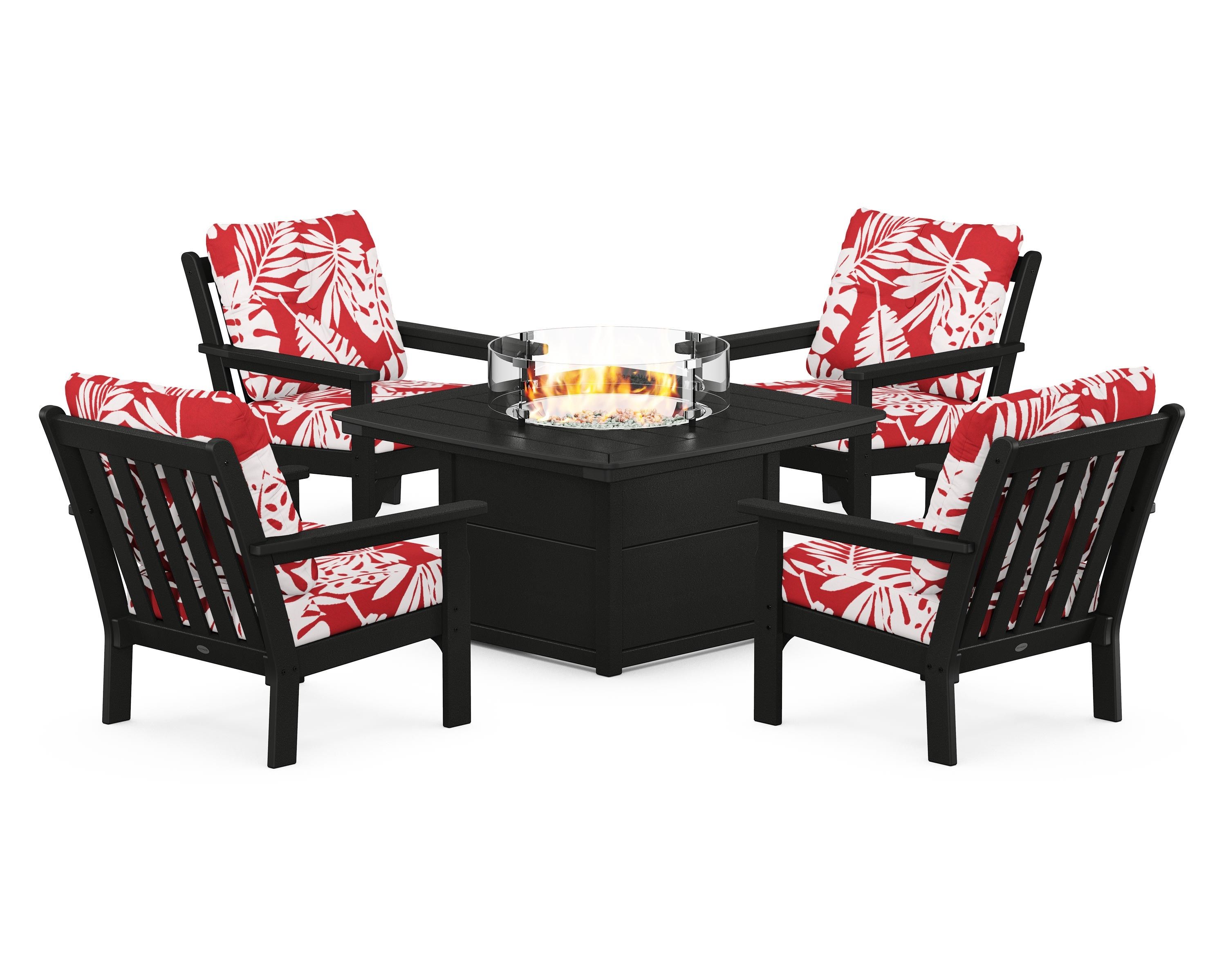 POLYWOOD® Vineyard 5-Piece Conversation Set with Fire Pit Table in Black / Leaf Crimson