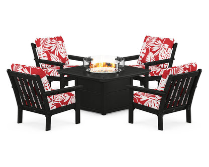POLYWOOD® Vineyard 5-Piece Conversation Set with Fire Pit Table in Black / Leaf Crimson